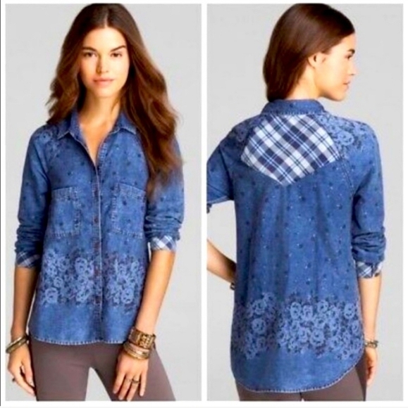 Free People Dottie Over you denim floral plaid shirt sz small WT212 - Picture 1 of 6